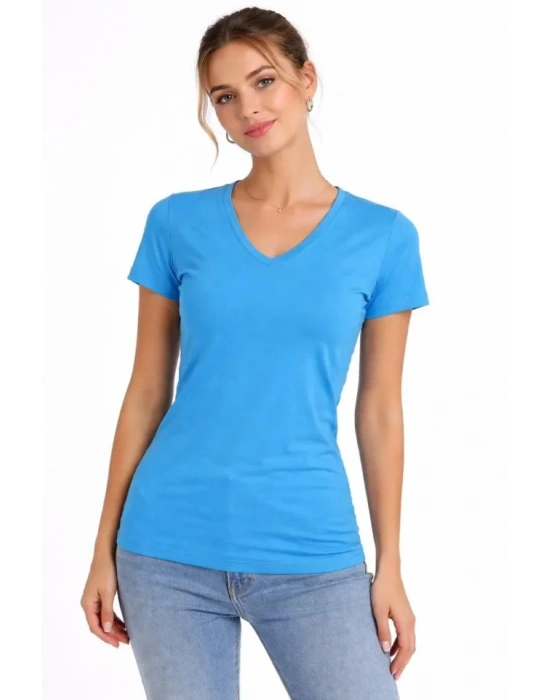 2li V Yaka Tişört – Kısa Kollu Yazlık lim Fit Body  Nar Çiçeği  Açık avi