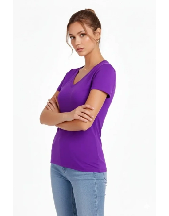 2li V Yaka Tişört – Kısa Kollu Yazlık lim Fit Body  Toz Pembe  or