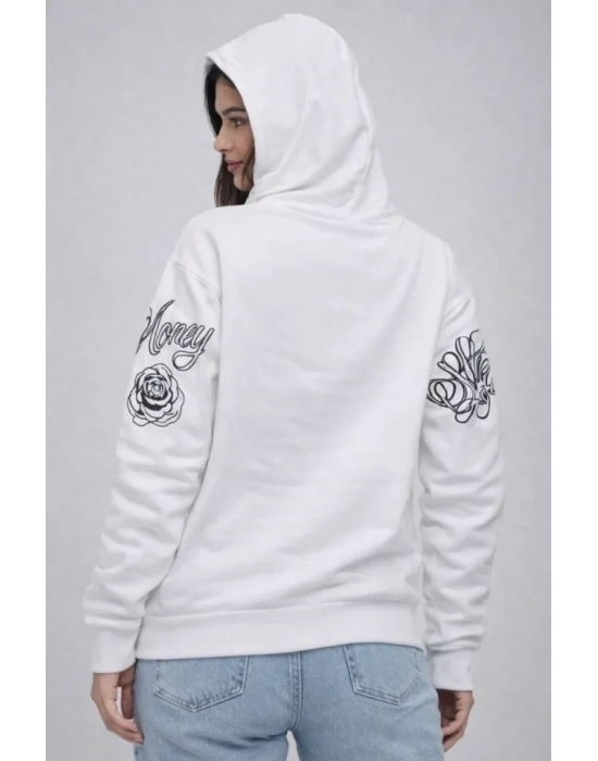 3 İplik Pamuklu Kapüşonlu Baskılı weathirt Hoodie  Beyaz