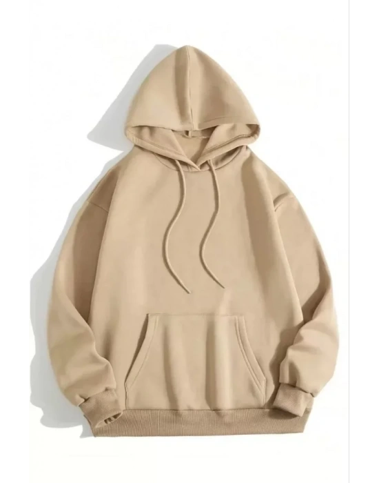 3 İplik Pamuklu Unisex Kapşonlu weetshirt  Bej