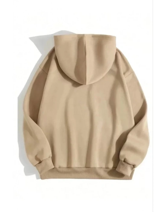 3 İplik Pamuklu Unisex Kapşonlu weetshirt  Bej