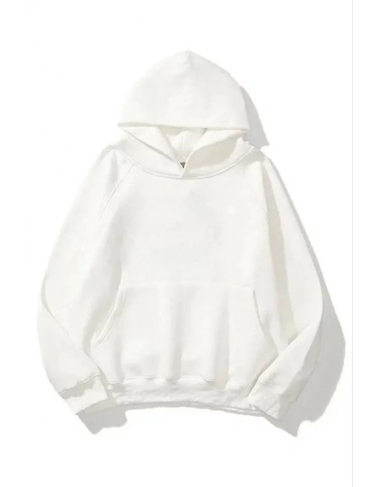 3 İplik Pamuklu Unisex Kapşonlu weetshirt  Beyaz