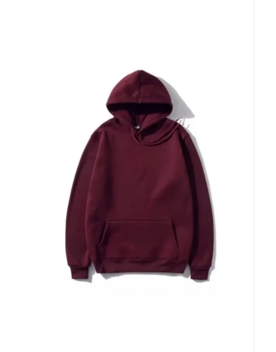 3 İplik Pamuklu Unisex Kapşonlu weetshirt  Bordo