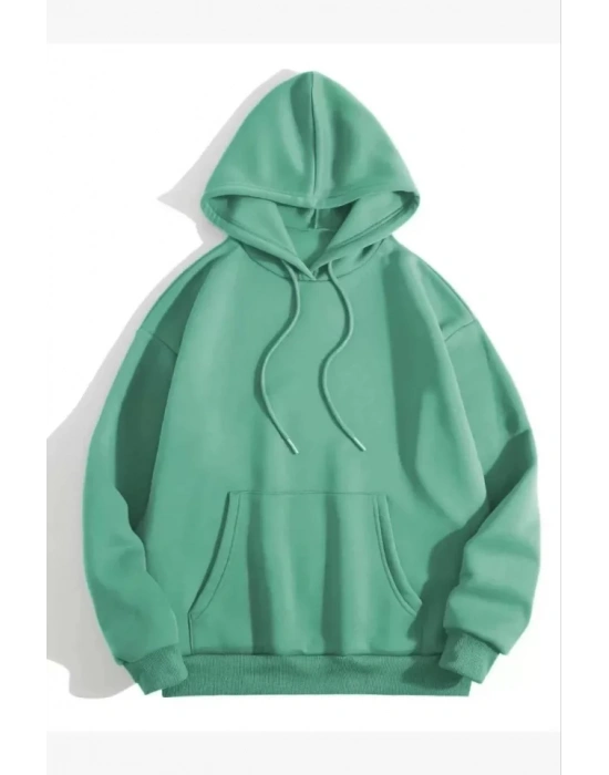 3 İplik Pamuklu Unisex Kapşonlu weetshirt  int Yeşili