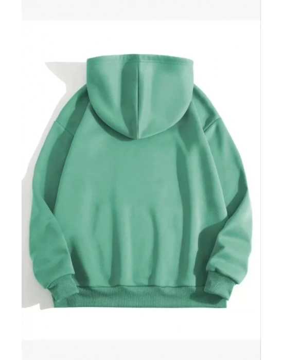 3 İplik Pamuklu Unisex Kapşonlu weetshirt  int Yeşili
