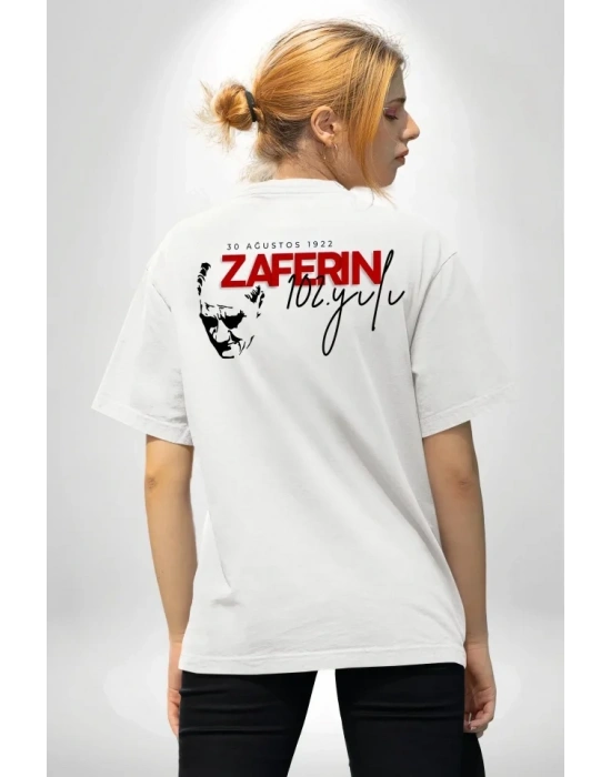 30 Ağustos Zafer Bayramı Atatürk Temalı Oversize Bisiklet Yaka Tshirt  Beyaz
