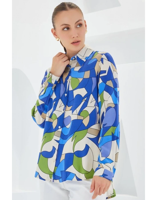 3721 Grafik Desenli Gömlek  İndigo