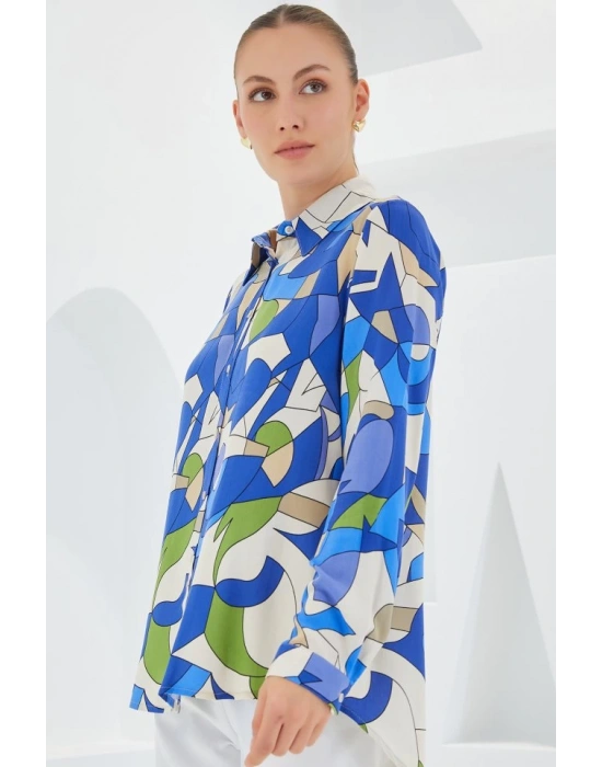 3721 Grafik Desenli Gömlek  İndigo