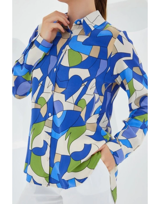 3721 Grafik Desenli Gömlek  İndigo