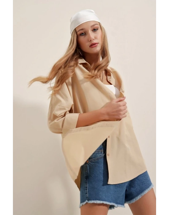 3900 Oversize Uzun Basic Gömlek  Bej