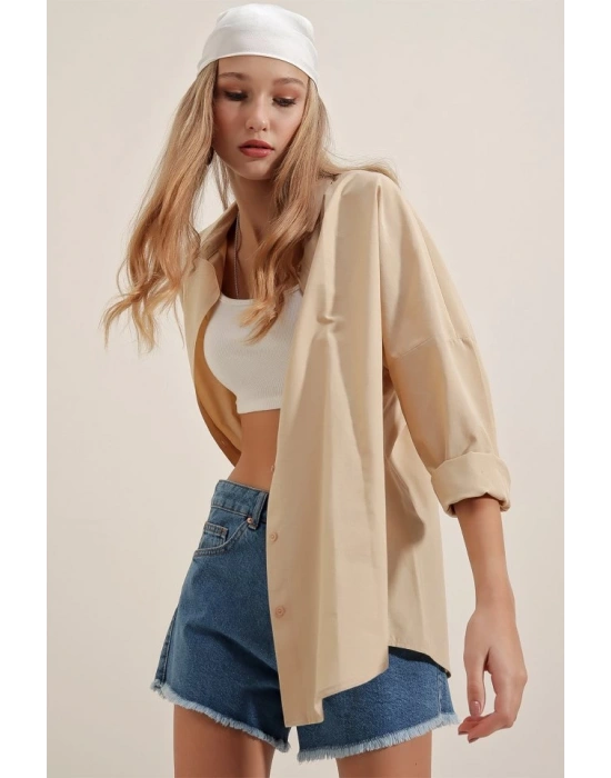 3900 Oversize Uzun Basic Gömlek  Bej