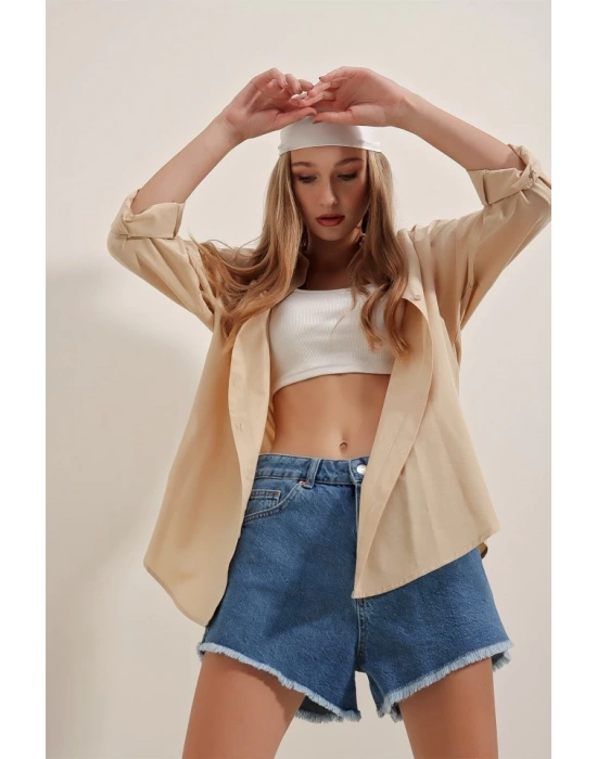 3900 Oversize Uzun Basic Gömlek  Bej
