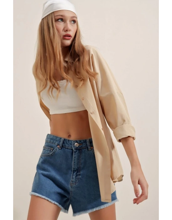 3900 Oversize Uzun Basic Gömlek  Bej