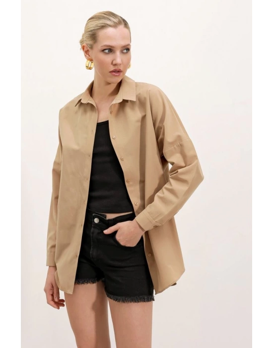 3900 Oversize Uzun Basic Gömlek  Bisküvi