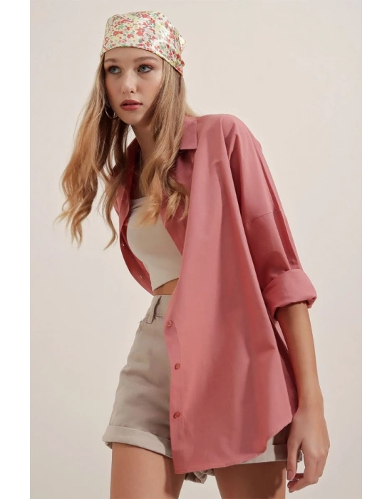 3900 Oversize Uzun Basic Gömlek  Gül Kurusu