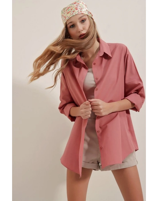 3900 Oversize Uzun Basic Gömlek  Gül Kurusu