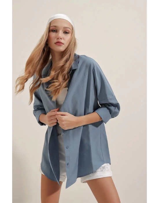 3900 Oversize Uzun Basic Gömlek  İndigo