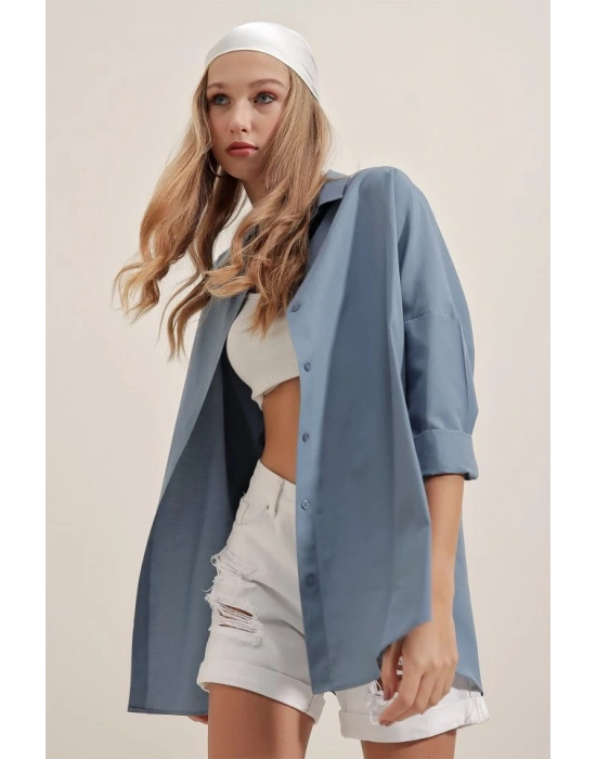 3900 Oversize Uzun Basic Gömlek  İndigo