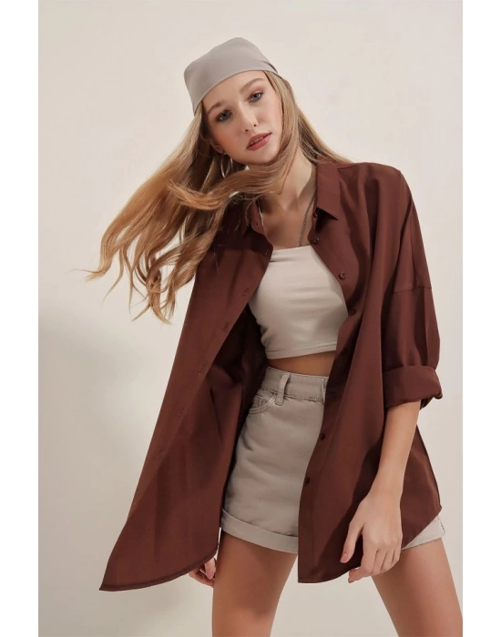3900 Oversize Uzun Basic Gömlek  Kahverengi