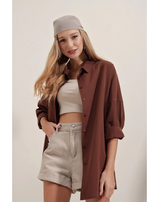 3900 Oversize Uzun Basic Gömlek  Kahverengi