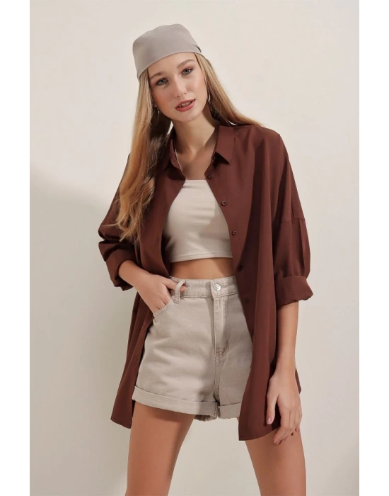 3900 Oversize Uzun Basic Gömlek  Kahverengi