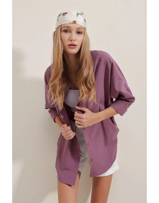 3900 Oversize Uzun Basic Gömlek  Koyu Lila