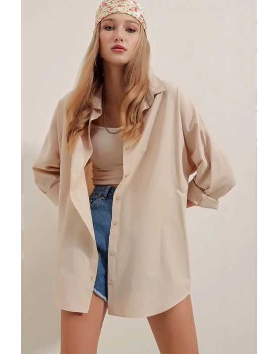 3900 Oversize Uzun Basic Gömlek  Krem