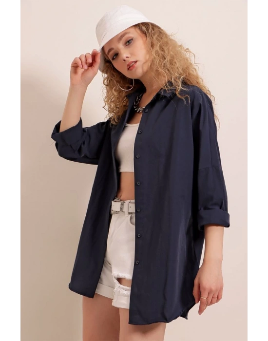 3900 Oversize Uzun Basic Gömlek  Lacivert