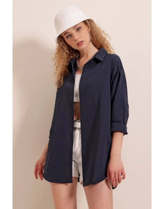 3900 Oversize Uzun Basic Gömlek  Lacivert