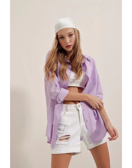 3900 Oversize Uzun Basic Gömlek  Lila