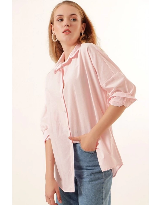 3900 Oversize Uzun Basic Gömlek  Pudra
