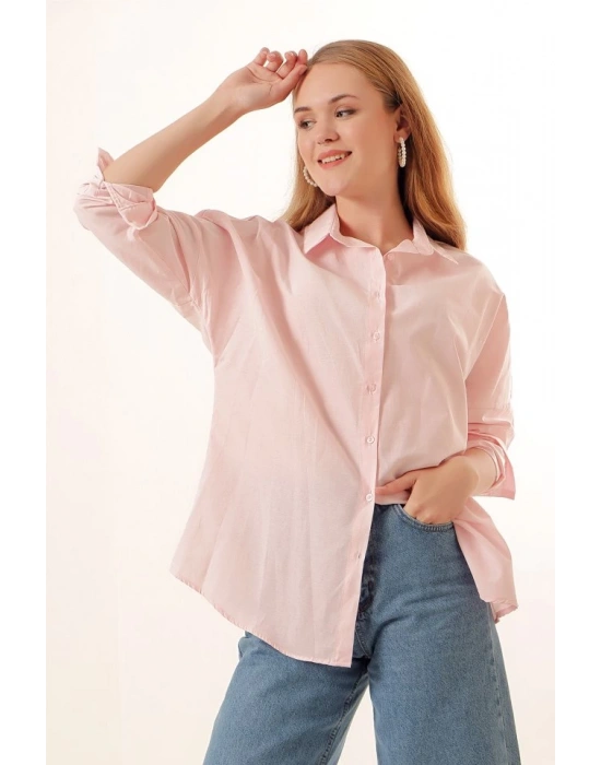 3900 Oversize Uzun Basic Gömlek  Pudra