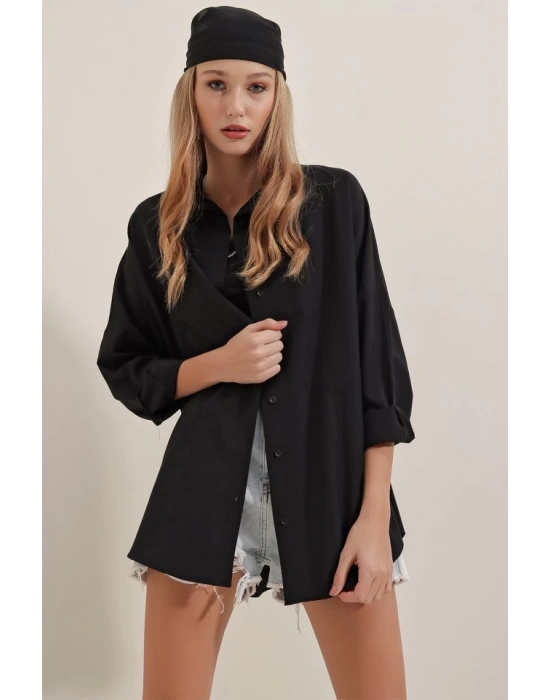 3900 Oversize Uzun Basic Gömlek  Siyah