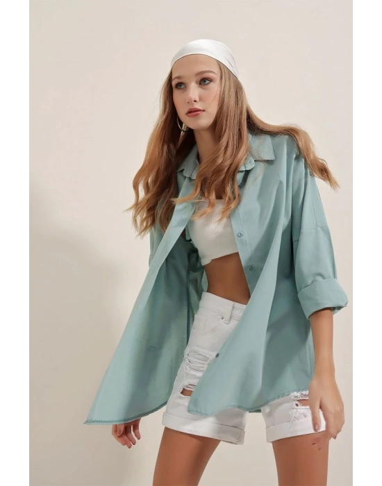 3900 Oversize Uzun Basic Gömlek  Su Yeşili