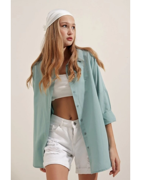 3900 Oversize Uzun Basic Gömlek  Su Yeşili