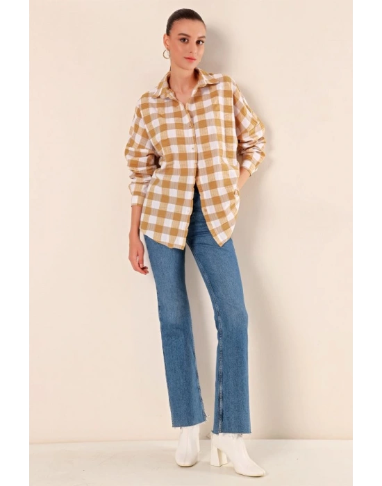 3900 Oversize Uzun Basic Gömlek  Vizon