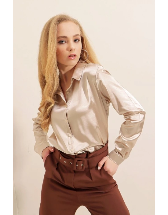 3964 Hafif Dökümlü Saten Gömlek  Bej
