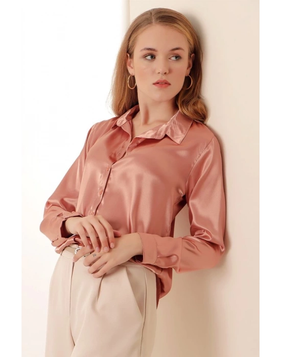 3964 Hafif Dökümlü Saten Gömlek  Camel