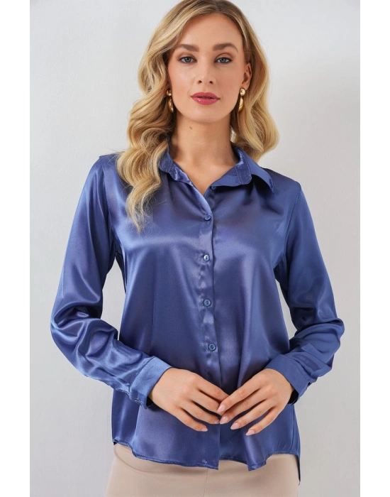 3964 Hafif Dökümlü Saten Gömlek  C.Lacivert