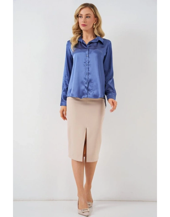 3964 Hafif Dökümlü Saten Gömlek  C.Lacivert