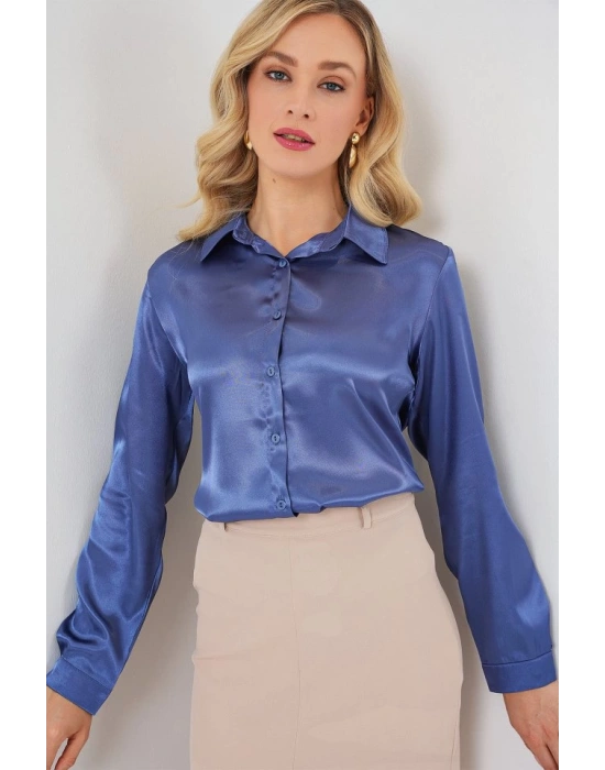 3964 Hafif Dökümlü Saten Gömlek  C.Lacivert