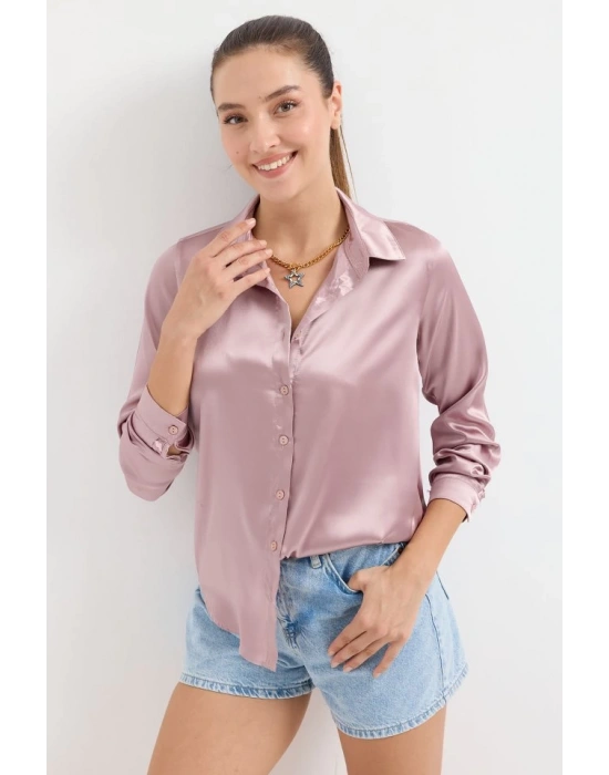 3964 Hafif Dökümlü Saten Gömlek  D.Gül Kurusu