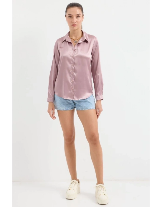 3964 Hafif Dökümlü Saten Gömlek  D.Gül Kurusu