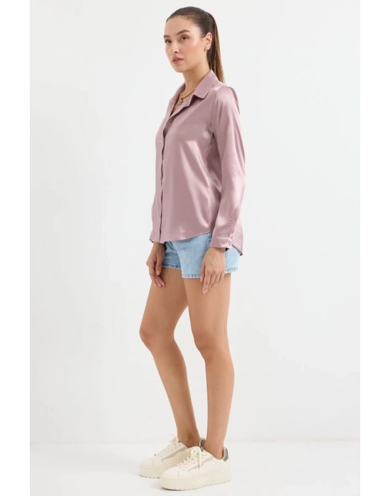 3964 Hafif Dökümlü Saten Gömlek  D.Gül Kurusu