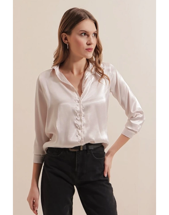 3964 Hafif Dökümlü Saten Gömlek  Krem