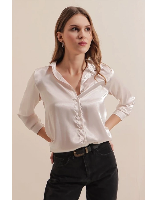 3964 Hafif Dökümlü Saten Gömlek  Krem