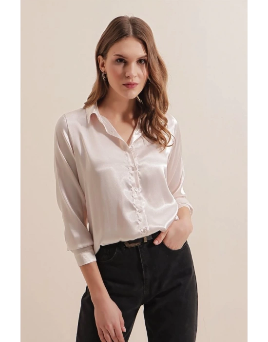 3964 Hafif Dökümlü Saten Gömlek  Krem
