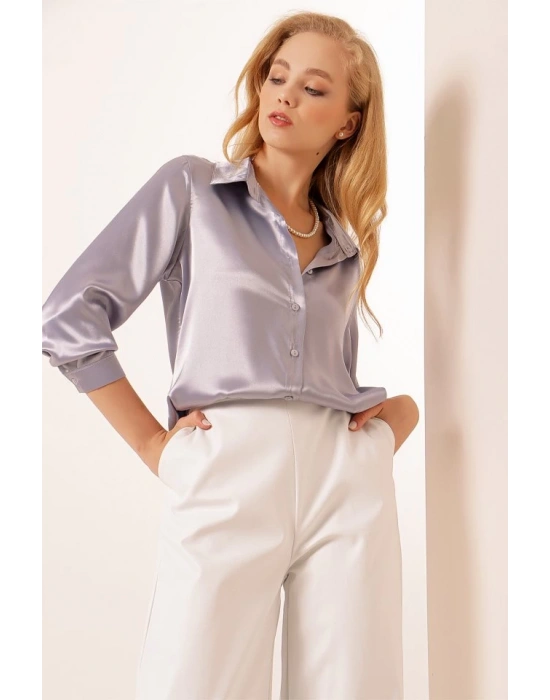 3964 Hafif Dökümlü Saten Gömlek  Lila