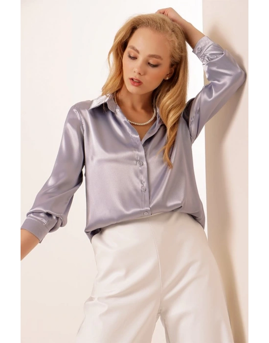 3964 Hafif Dökümlü Saten Gömlek  Lila