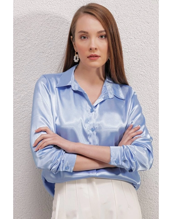 3964 Hafif Dökümlü Saten Gömlek  Mavi